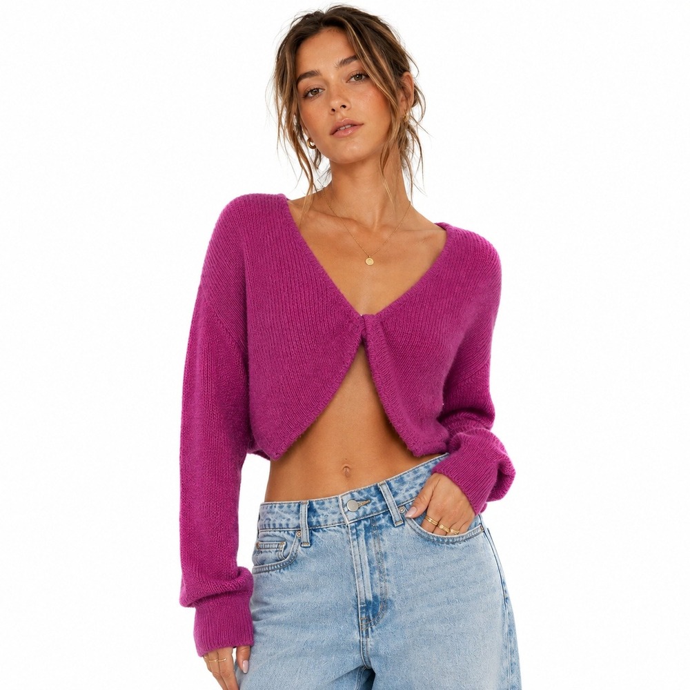 NWT Cotton Candy LA Twist Front Fuzzy Knit Cropped Cardigan Magenta Pink Size M